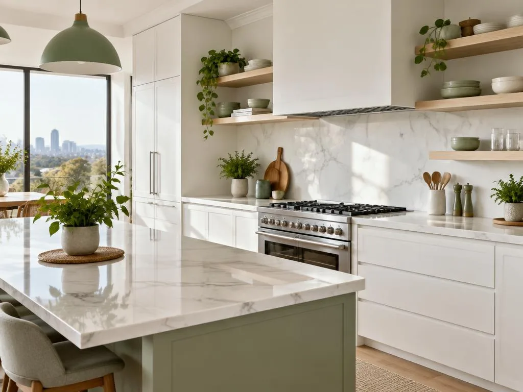 Sparkling white kitchen with marble counters and green plants