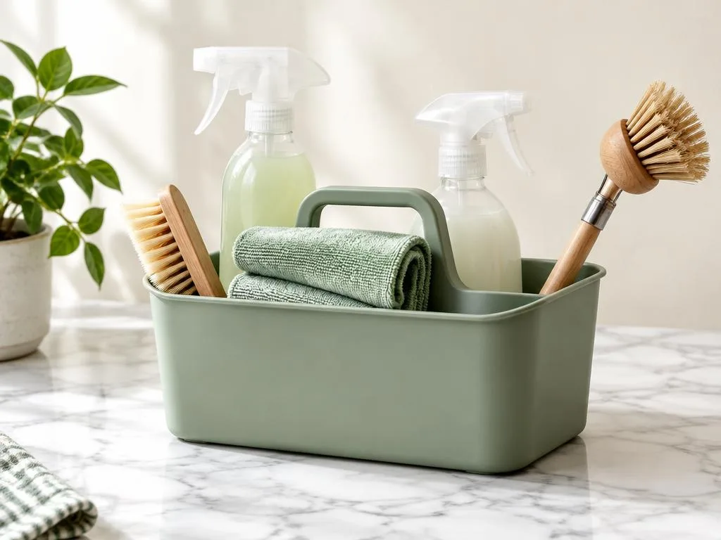 Sage cleaning caddy with bottles, a cloth and natural brushes