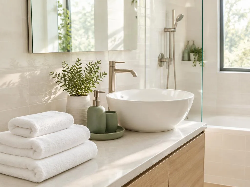 Fresh bathroom with white towels and a small potted plant