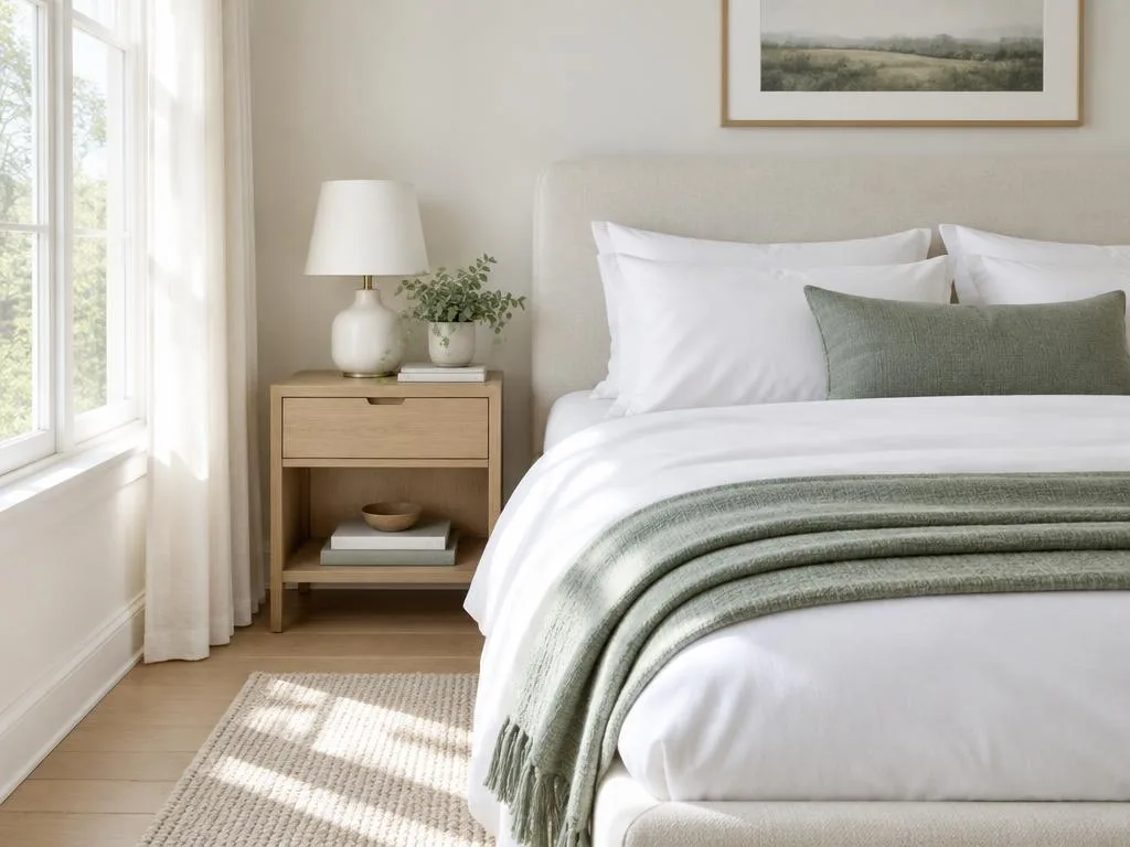 Fresh bedroom with crisp white linen and a sage green throw