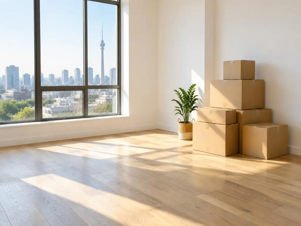 Neatly stacked moving boxes in a freshly cleaned bright room